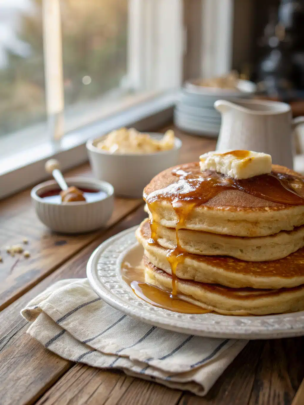 perfect pancakes with butter and syrup
