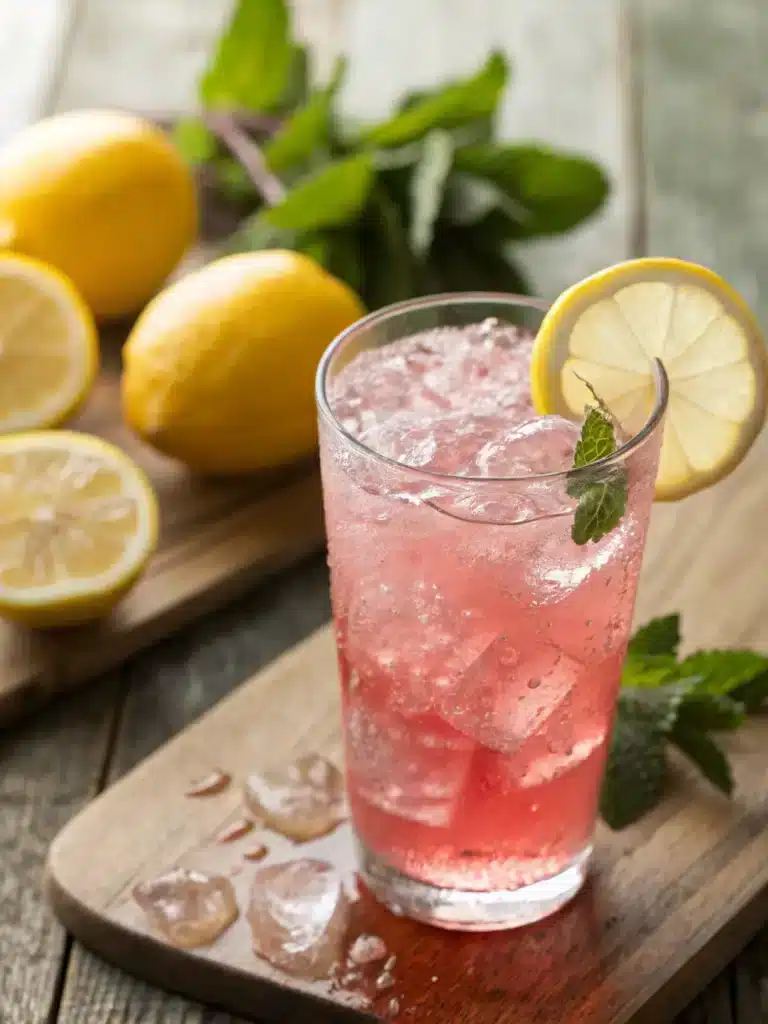 Pink salt recipe drink served with lemon slice