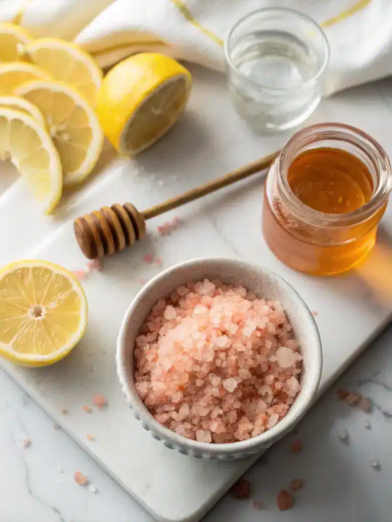 Pink Salt Recipe That Works: Real Benefits & How to Make It 4 Ingredients for pink salt recipe on marble background