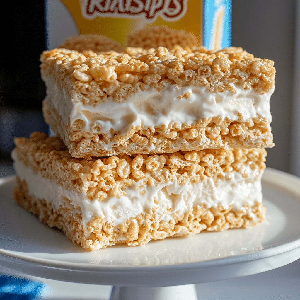 Rice Krispie Treat Ice Cream Sandwich – Easy Frozen Dessert Recipe 6 rice krispie treat ice cream sandwich dessert on plate