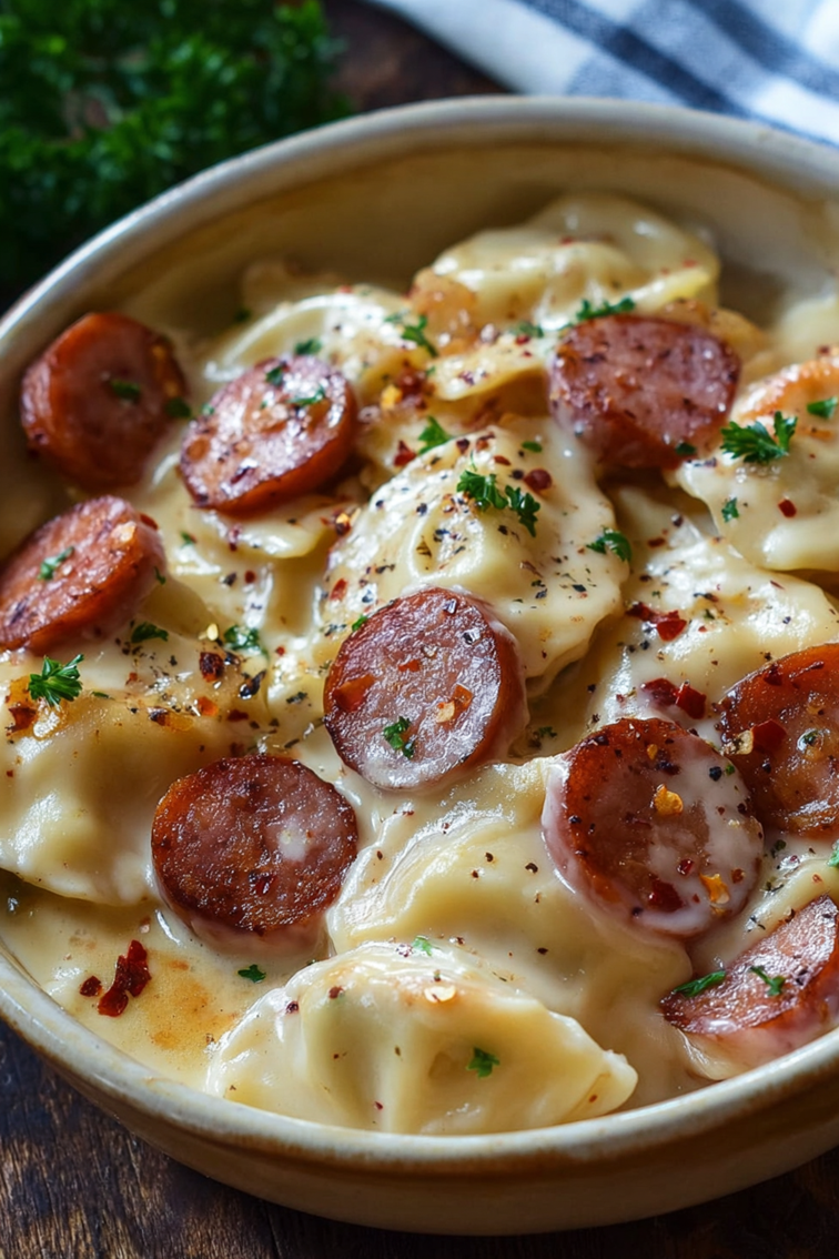 Crockpot Pierogi Casserole with Kielbasa