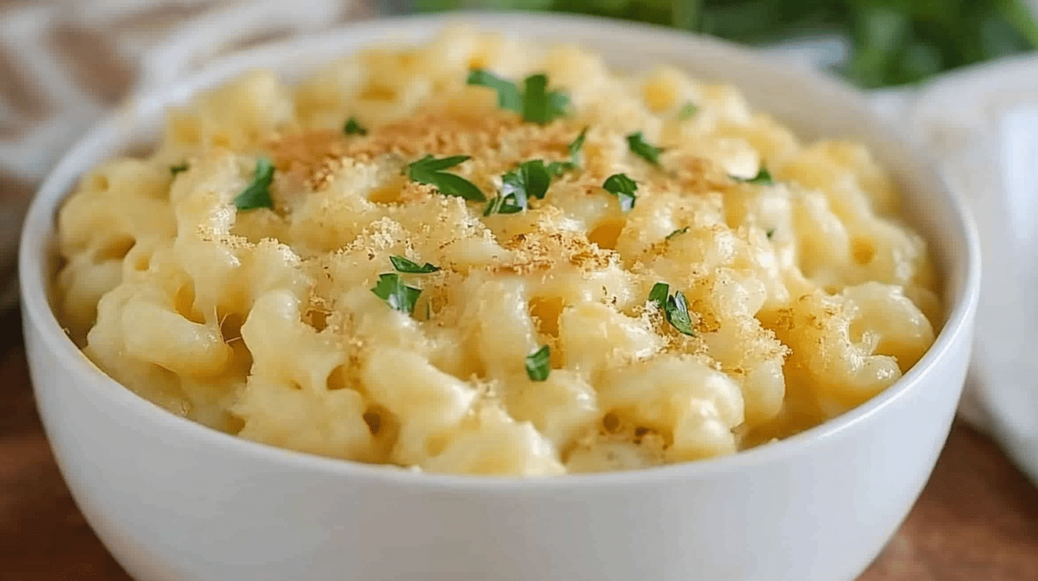 Overhead flat lay view of finished Irish Cheddar Stout Mac and Cheese Bake